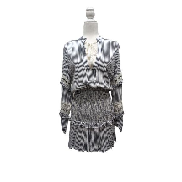 Aqua Anthropologie Striped Smocked Long Sleeve Crochet Tassel Tie Mini Dress, XS - Picture 5 of 14
